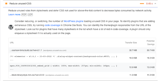 扫描后 CSS 文件加载的 PageSpeed Insights 和统计信息